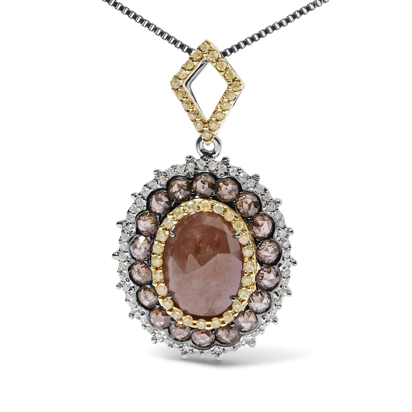 14K White Gold Triple Halo Fancy Colored Diamond Pendant Necklace