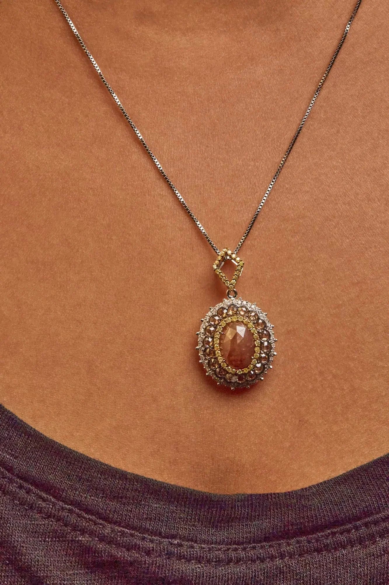 14K White Gold Triple Halo Fancy Colored Diamond Pendant Necklace