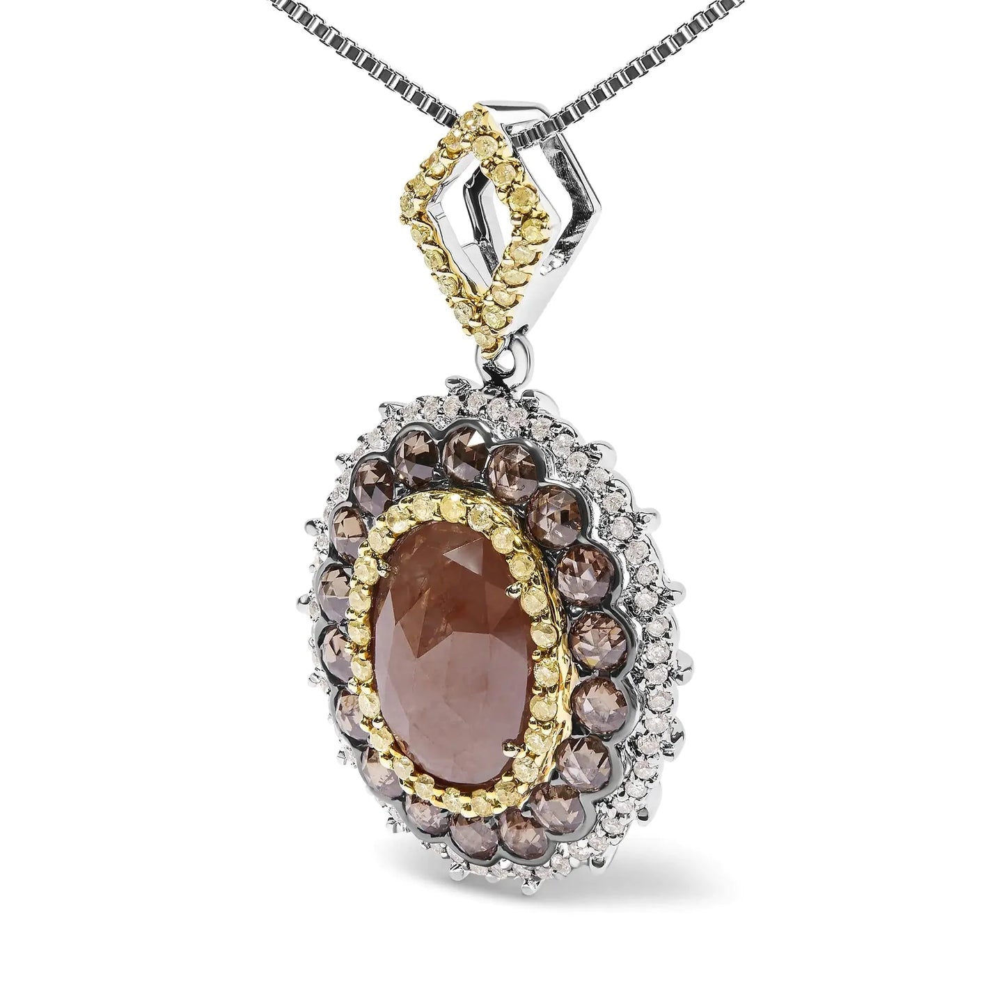 14K White Gold Triple Halo Fancy Colored Diamond Pendant Necklace