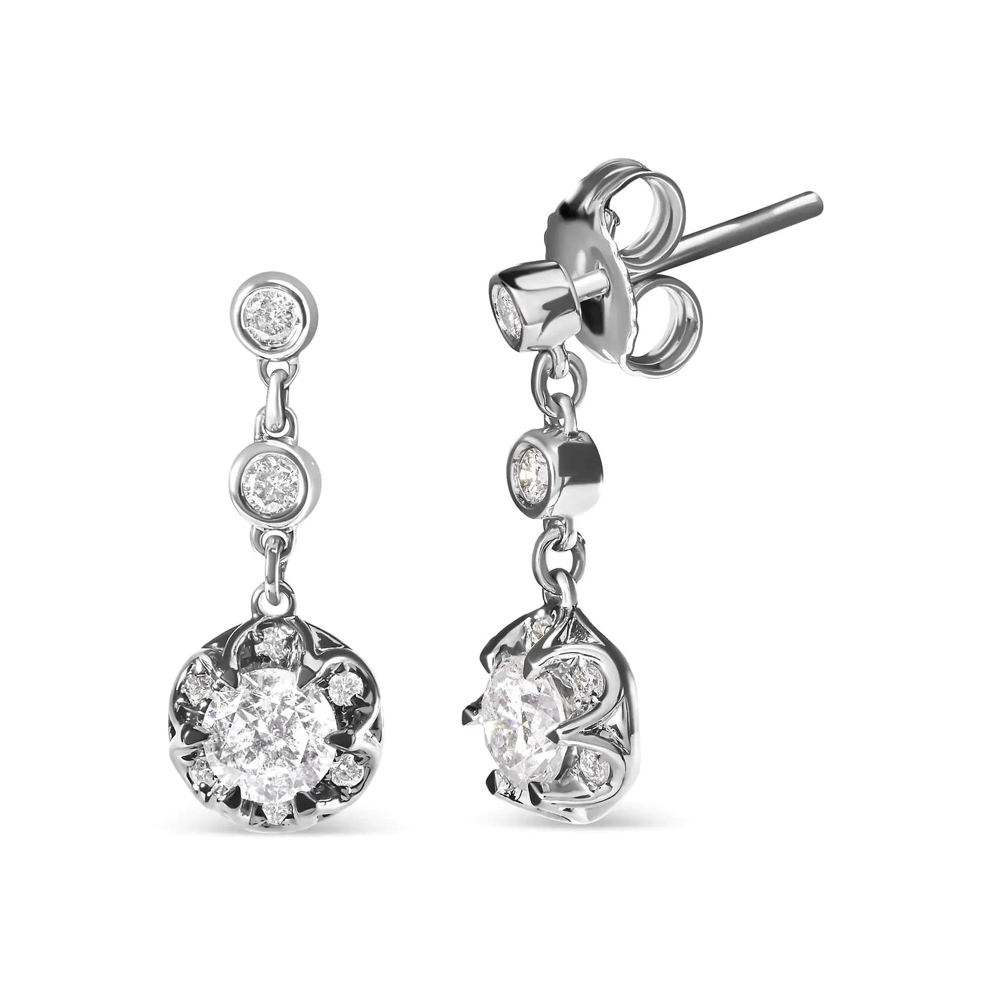 14k White Gold Diamond Halo Drop Earrings