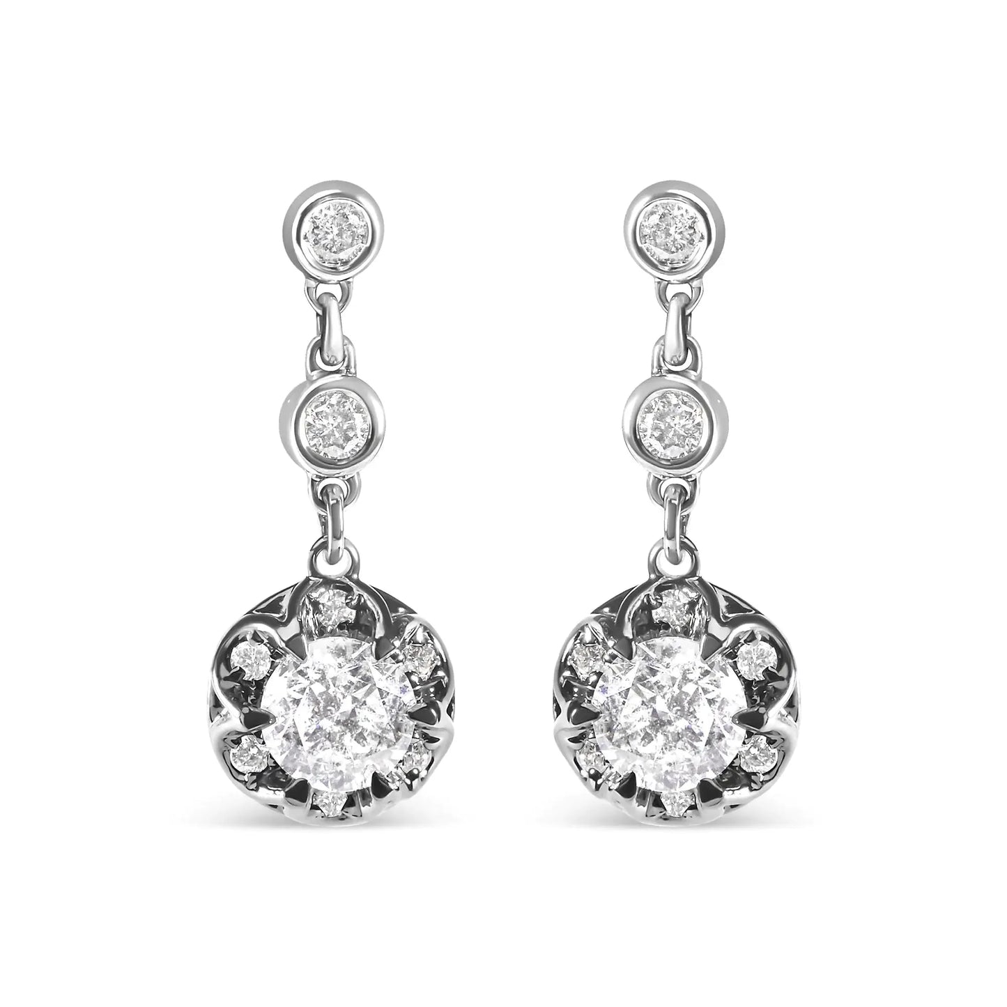 14k White Gold Diamond Halo Drop Earrings