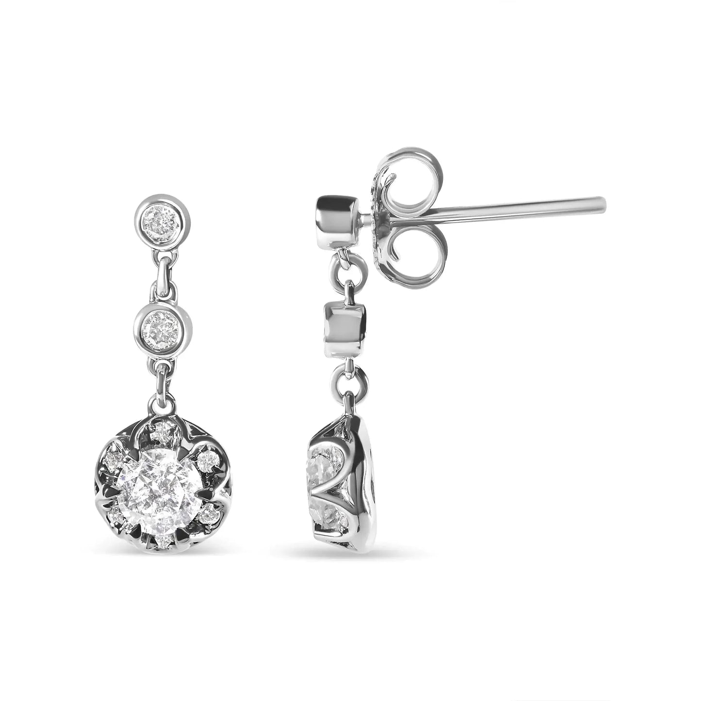 14k White Gold Diamond Halo Drop Earrings