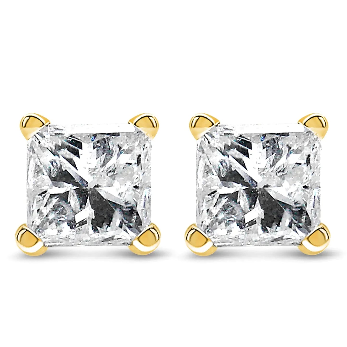 Pendientes de Stud Solitario de Diamante de Corte Princesa en Oro Amarillo de 14K