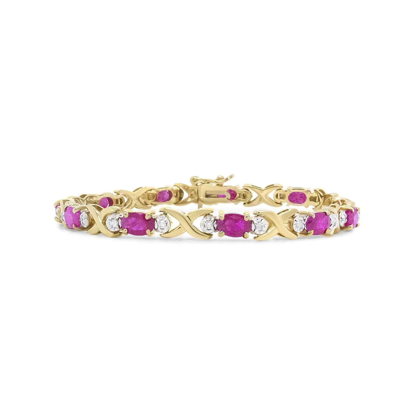 14K Yellow Gold Diamond & Ruby Alternating X Link Bracelet