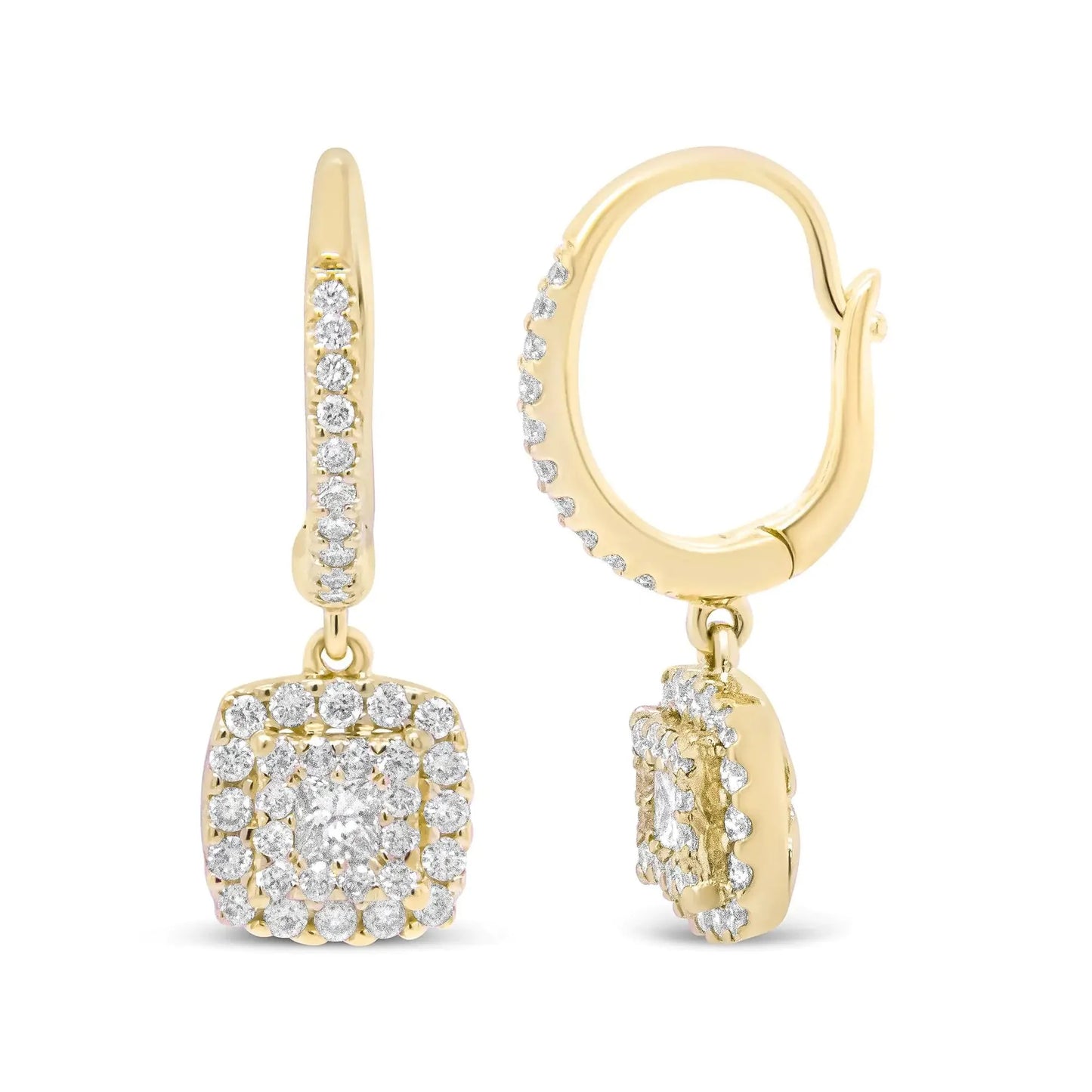 Boucles d'oreilles pendantes en diamant halo en or jaune 14K