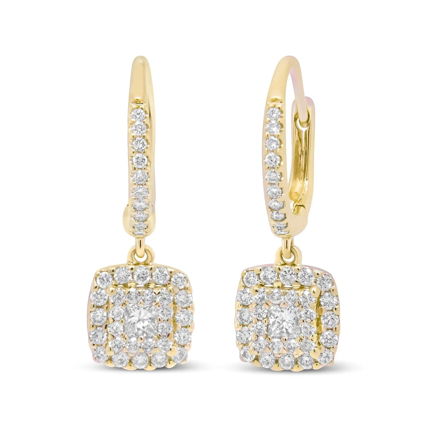 Boucles d'oreilles pendantes en diamant halo en or jaune 14K