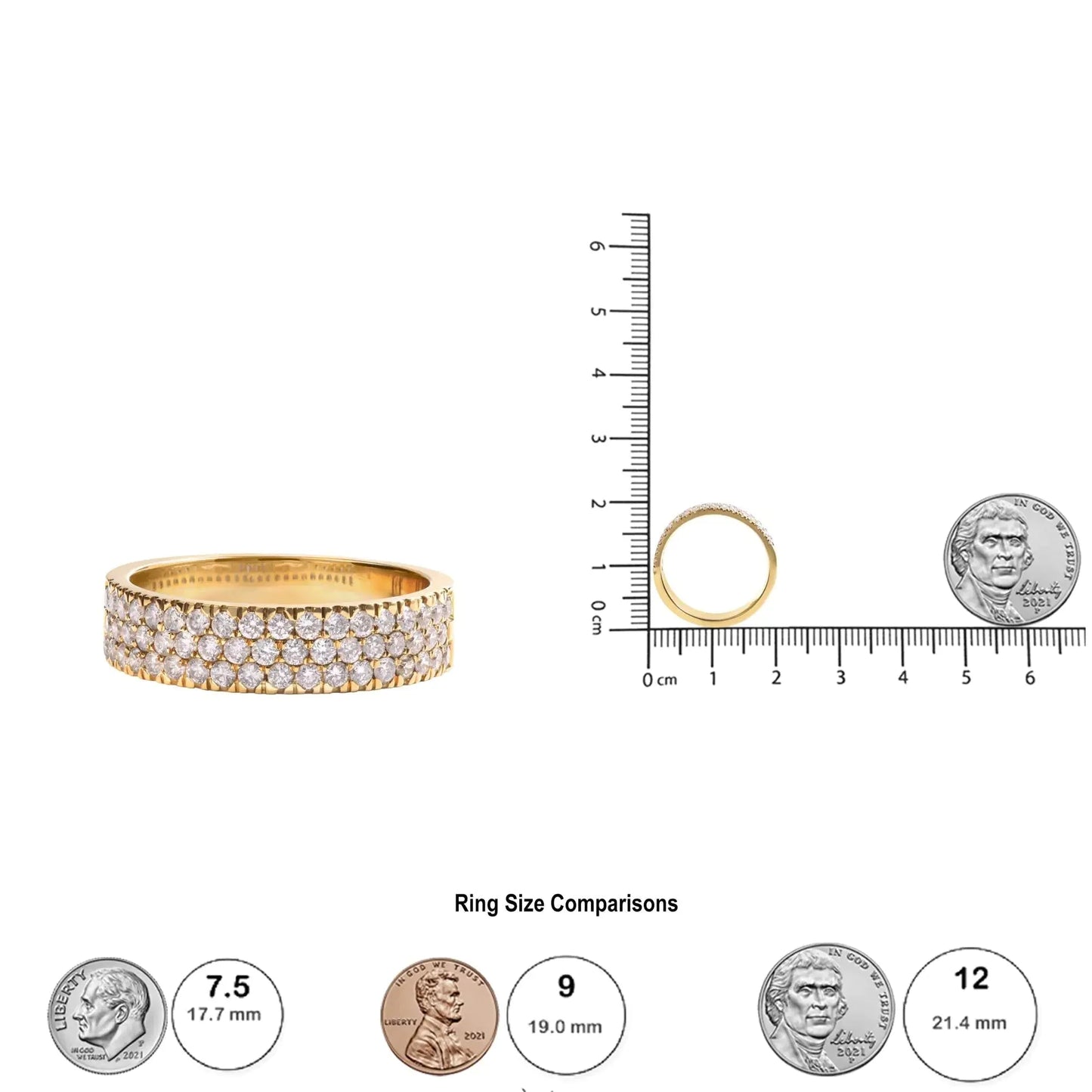 Bague en or jaune 14K avec diamants en pavé à plusieurs rangs