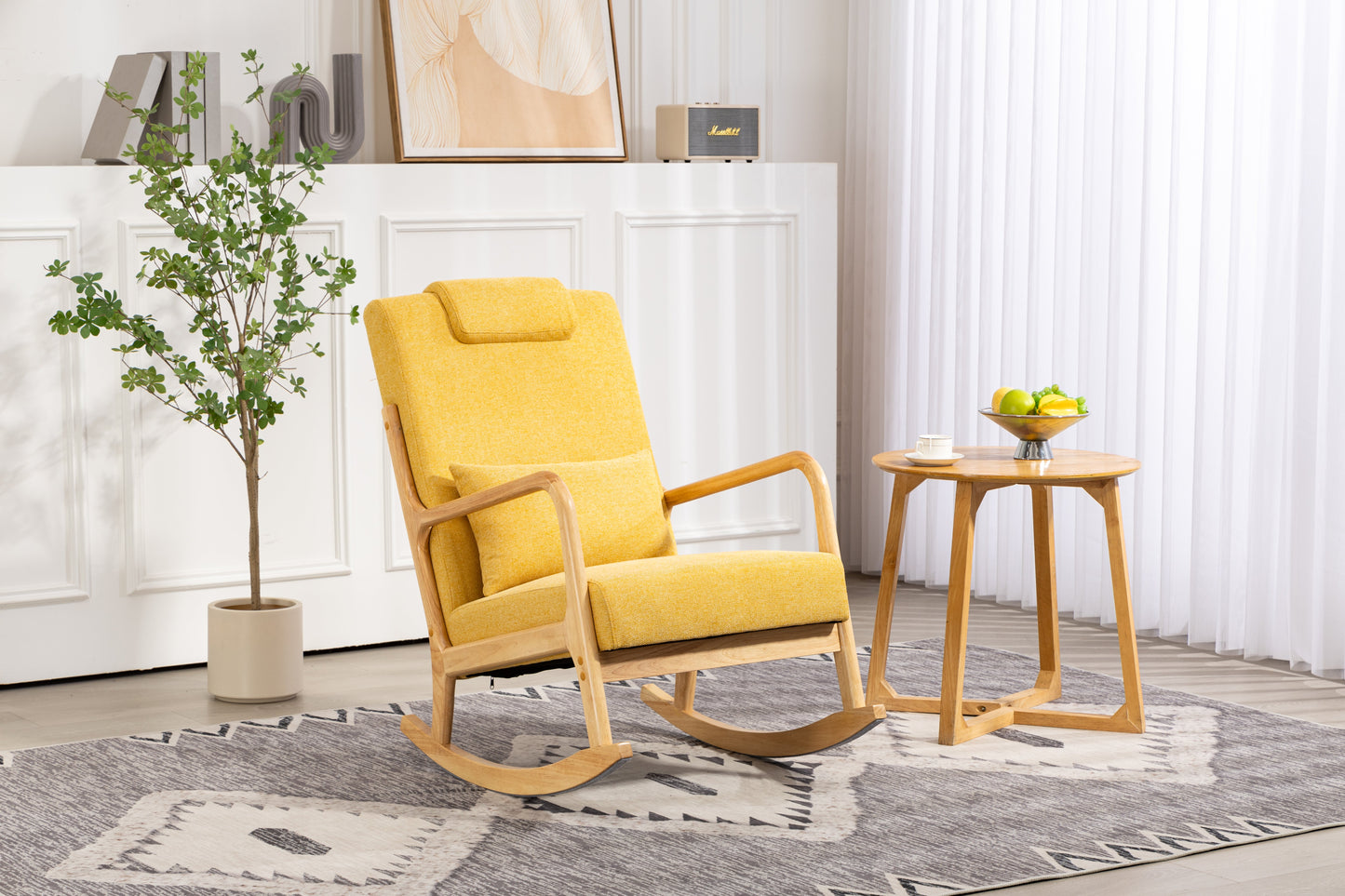 Rocking Chair Upholstered Fabric Rocking Armchair Indoor with High Backrest Glider Chairs and Lumbar Pillow for Living Room - Korvel