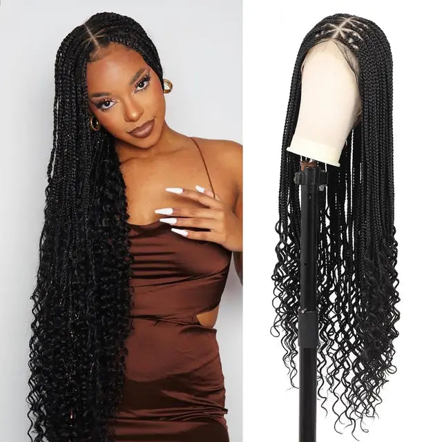 Triangle Knotless Braided Wigs 36Inch Bohemian Curly Braided Lace Front Wigs Synthetic Hand Double Lace Braid Wig - Korvel