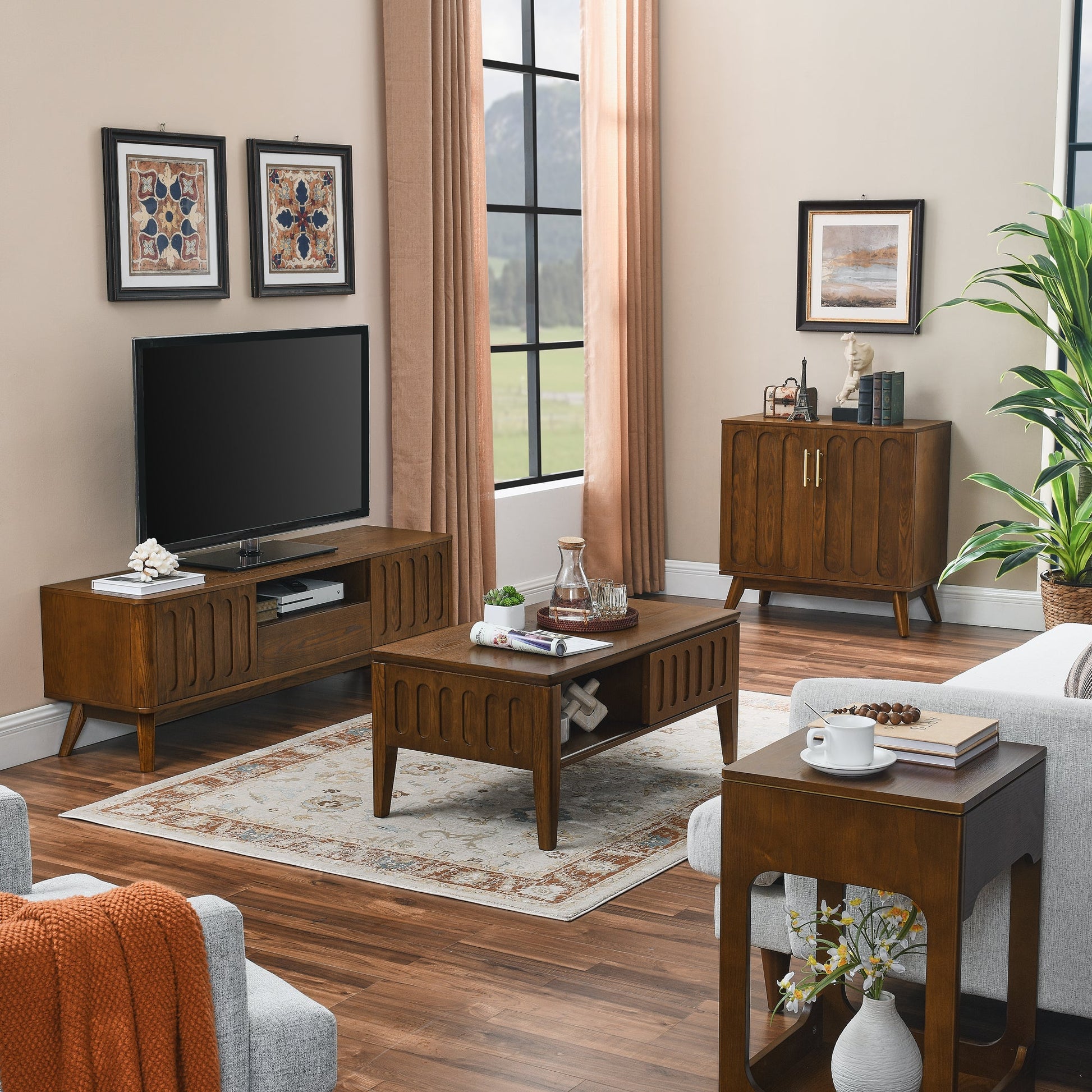 Medieval modern flute coffee table with storage sliding door and solid wood legs, vintage farmhouse wood central table - Korvel