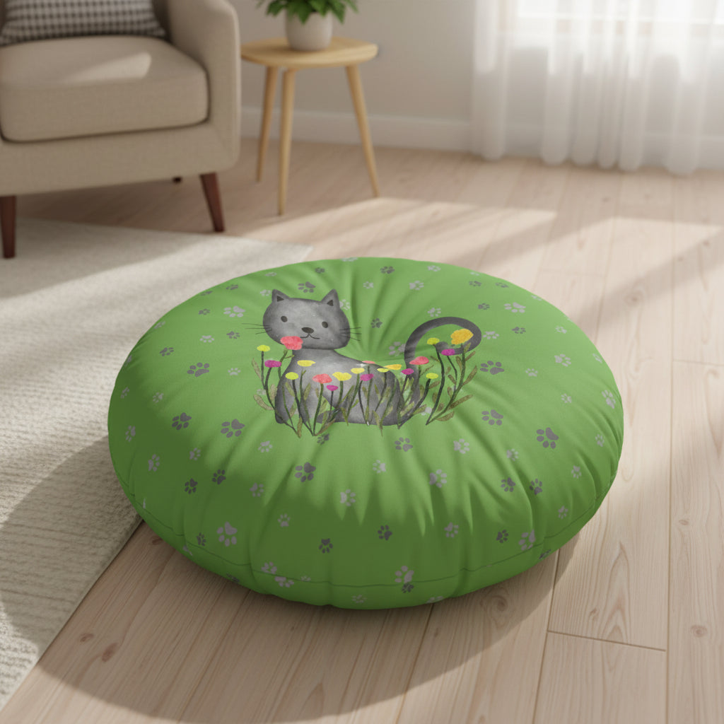Curious Garden Cat Round Floor Pillow – Green Paw Print Accent Cushion