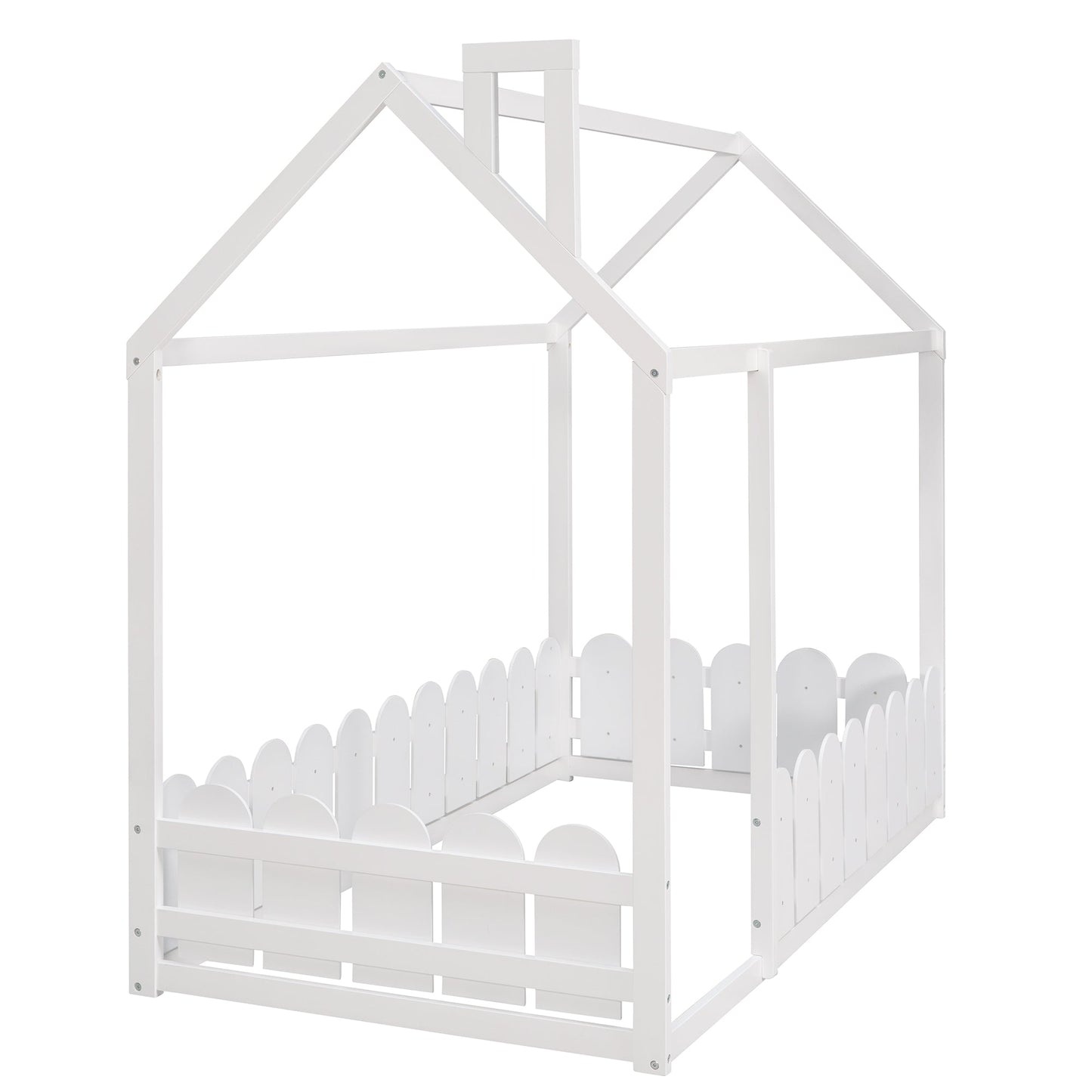 Cama de Madera en Forma de Casa para Niños de Tamaño Individual - Blanca