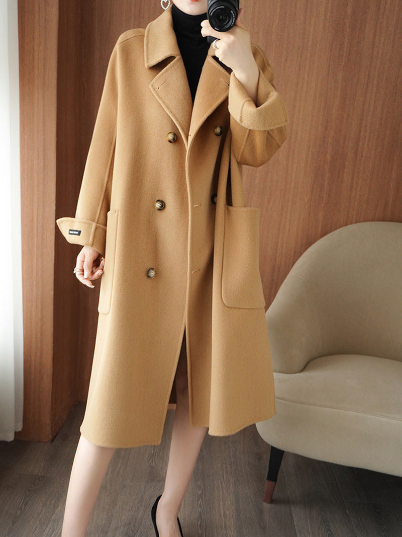 Long Below-the-Knee Double-Breasted Wool Coat in Korean Style