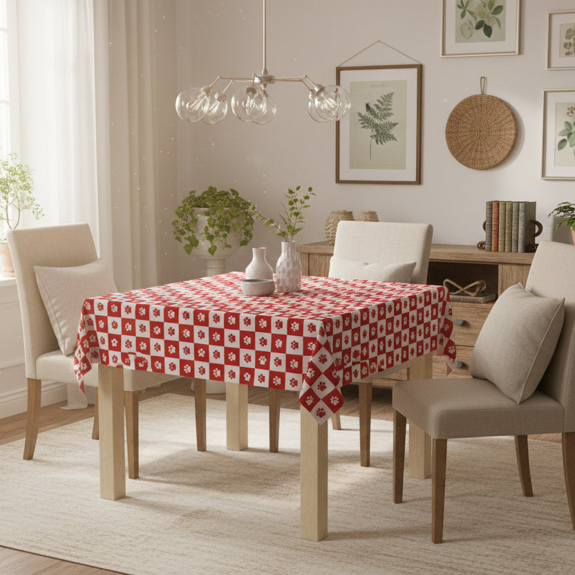 Charming Red & White Paw Print Tablecloth
