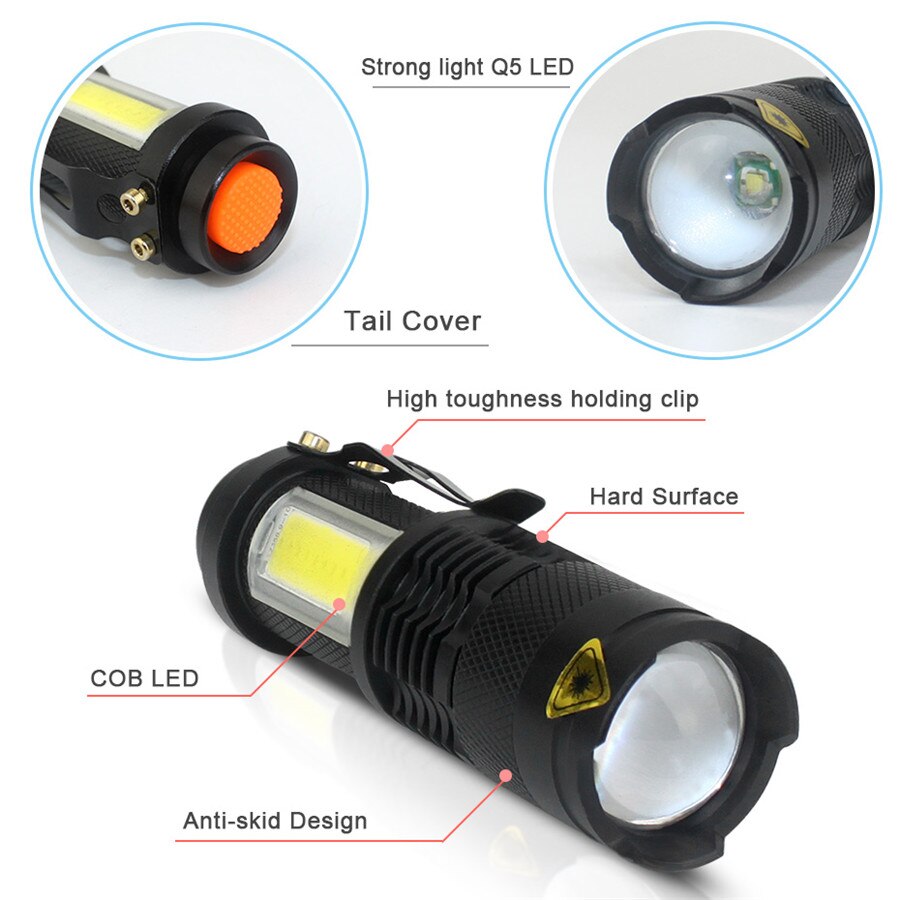 3800LM XML Q5+COB Waterproof Powerful Led Flashlight Torch ZOOM Mini Q5 Hand Lamp Linterna Led for Hiking/Fishing/Camping/Biking - Korvel