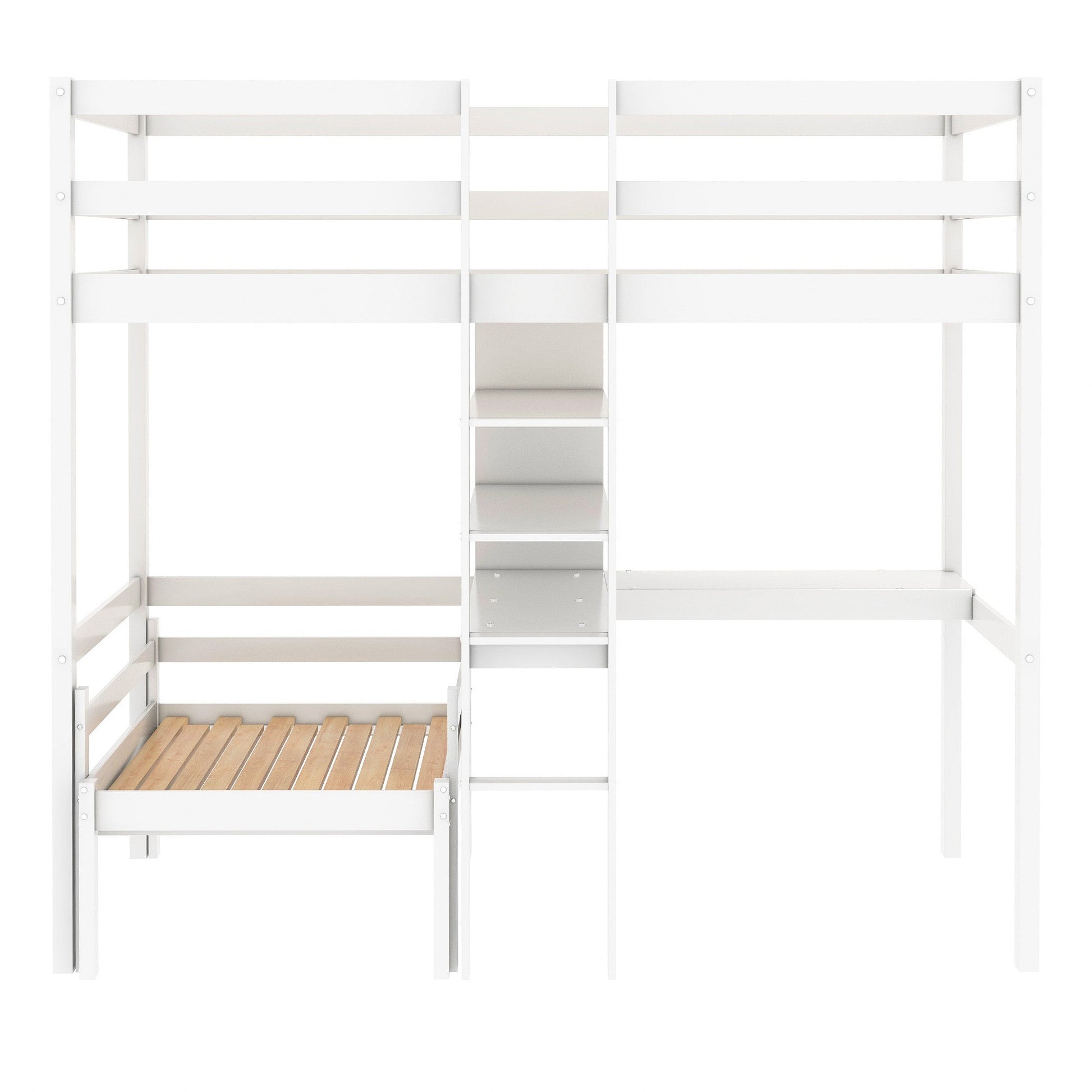 Convertible Loft Bed with L-Shape Desk, Twin Bunk Bed with Shelves and Ladder White - Korvel