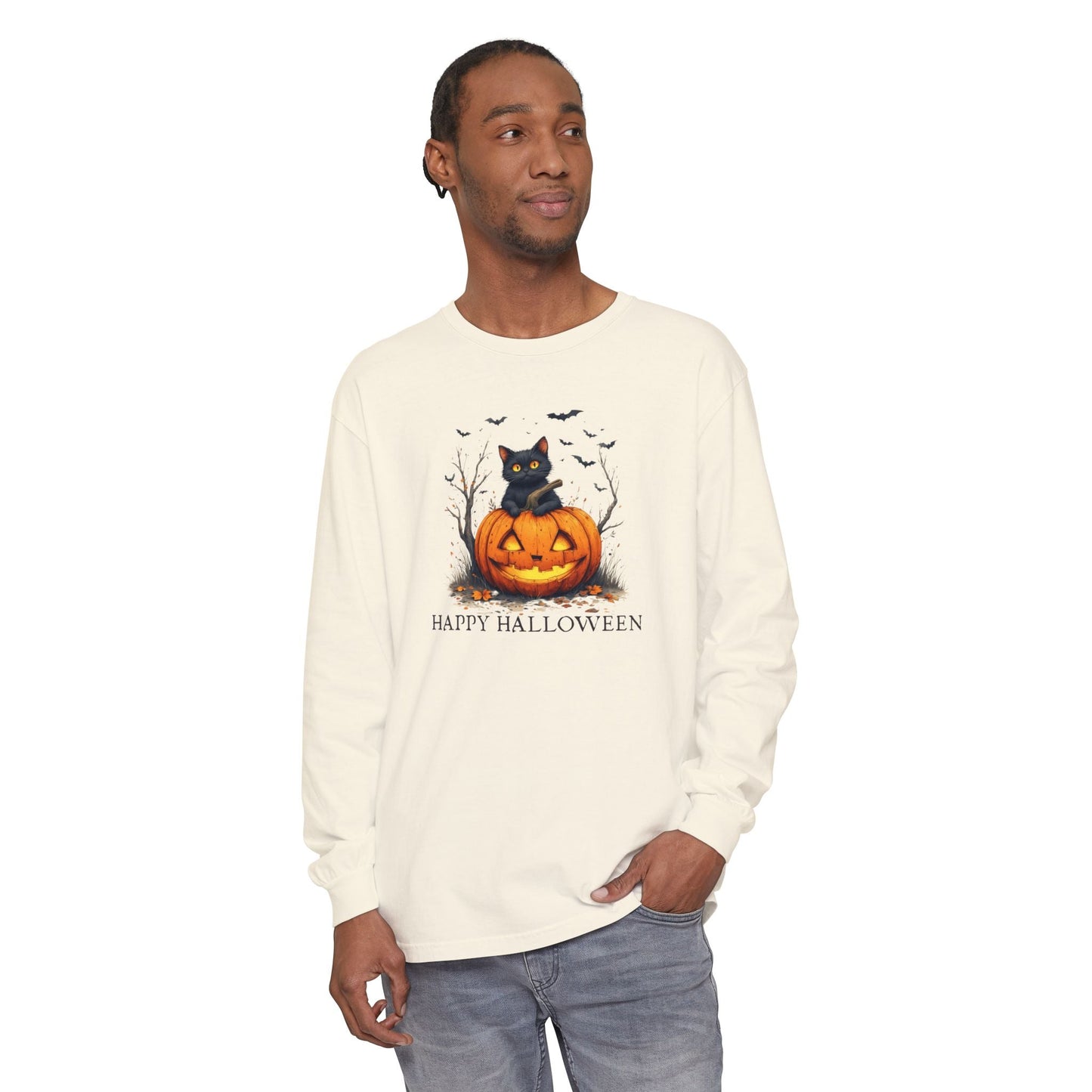 Happy Halloween Cat Long Sleeve Tee for Cat Lovers