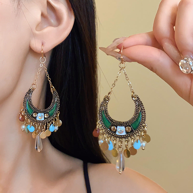 Pendientes Colgantes de Rhinestone Verde Oscuro Elegantes