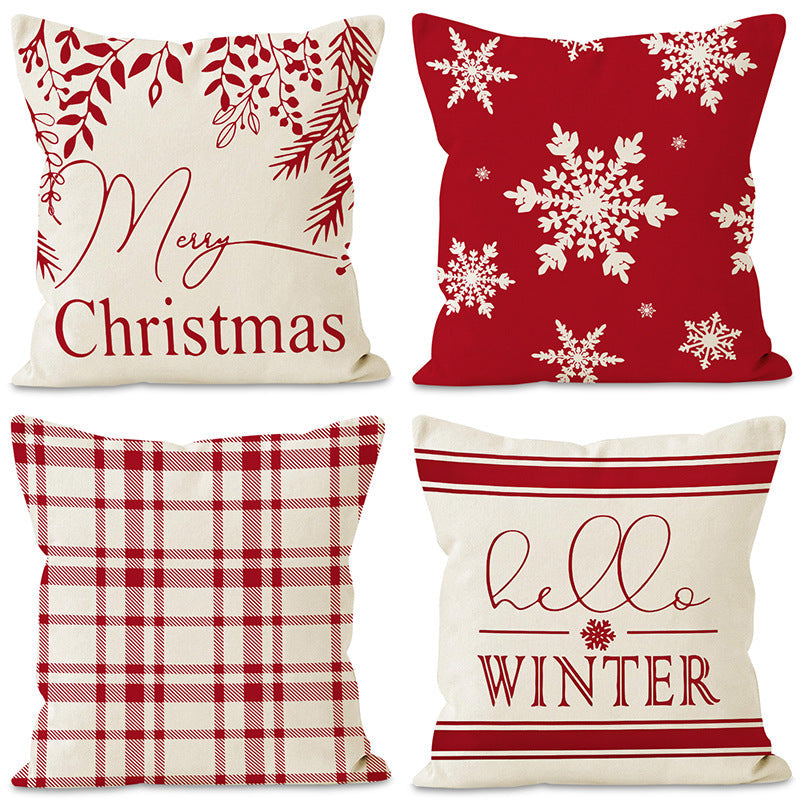 Christmas Snowflake Pillow Cover Linen Checkered Letter Printed Pillow Cover Christmas Theme Cushion Cover - Korvel