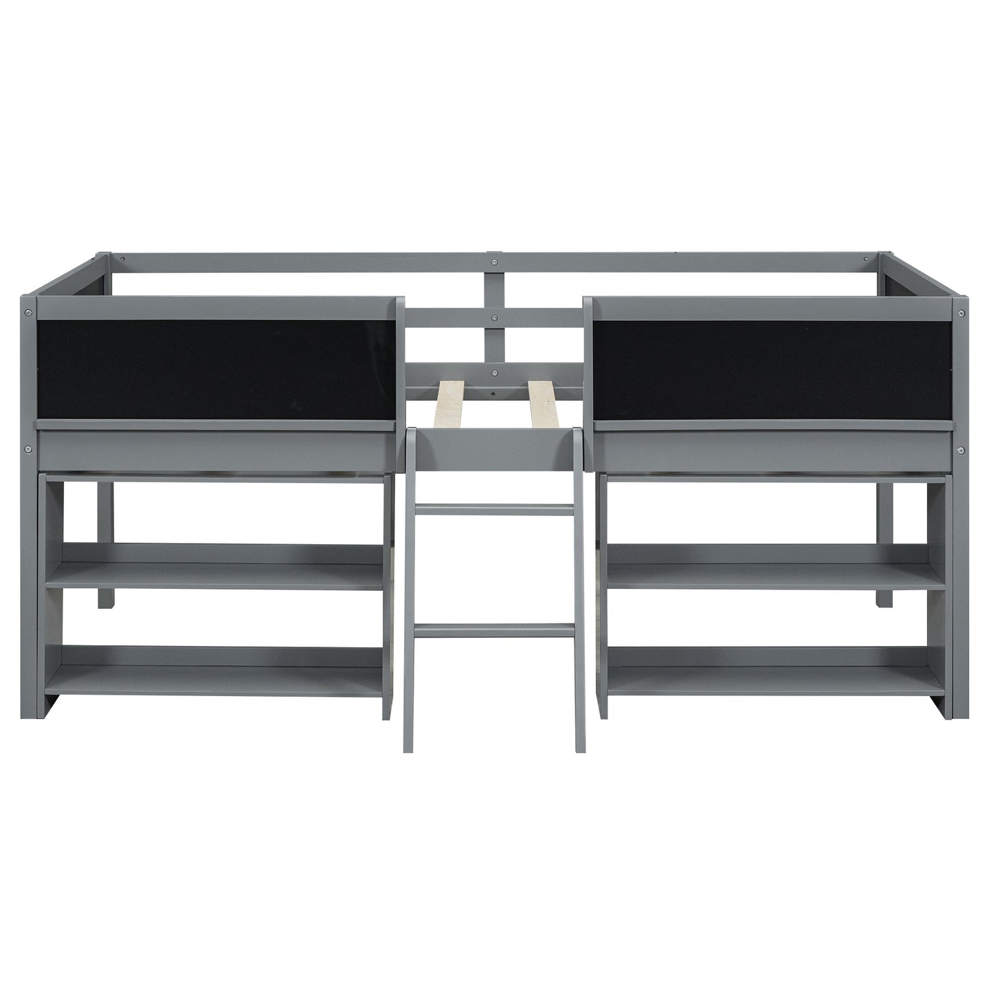 Twin Size Low Loft Bed with Two Movable Shelves and Ladder,with Decorative Guardrail Chalkboard,Gray - Korvel