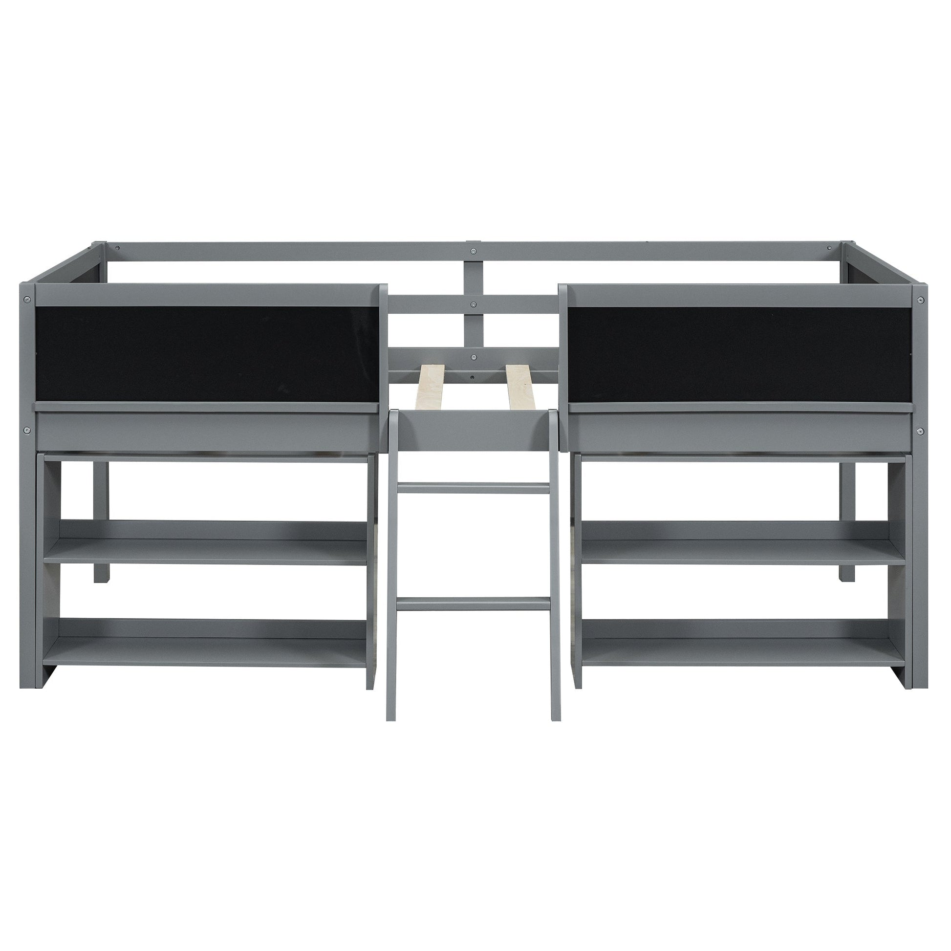 Twin Size Low Loft Bed with Two Movable Shelves and Ladder,with Decorative Guardrail Chalkboard,Gray - Korvel