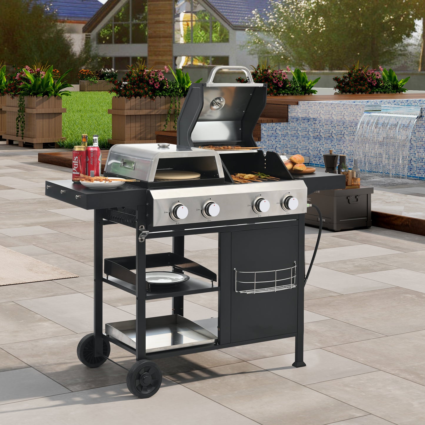 2+2 multifunctional gas barbecue grill and covered grill combination for outdoor cooking - barbecue, barbecue, pizza. - Korvel