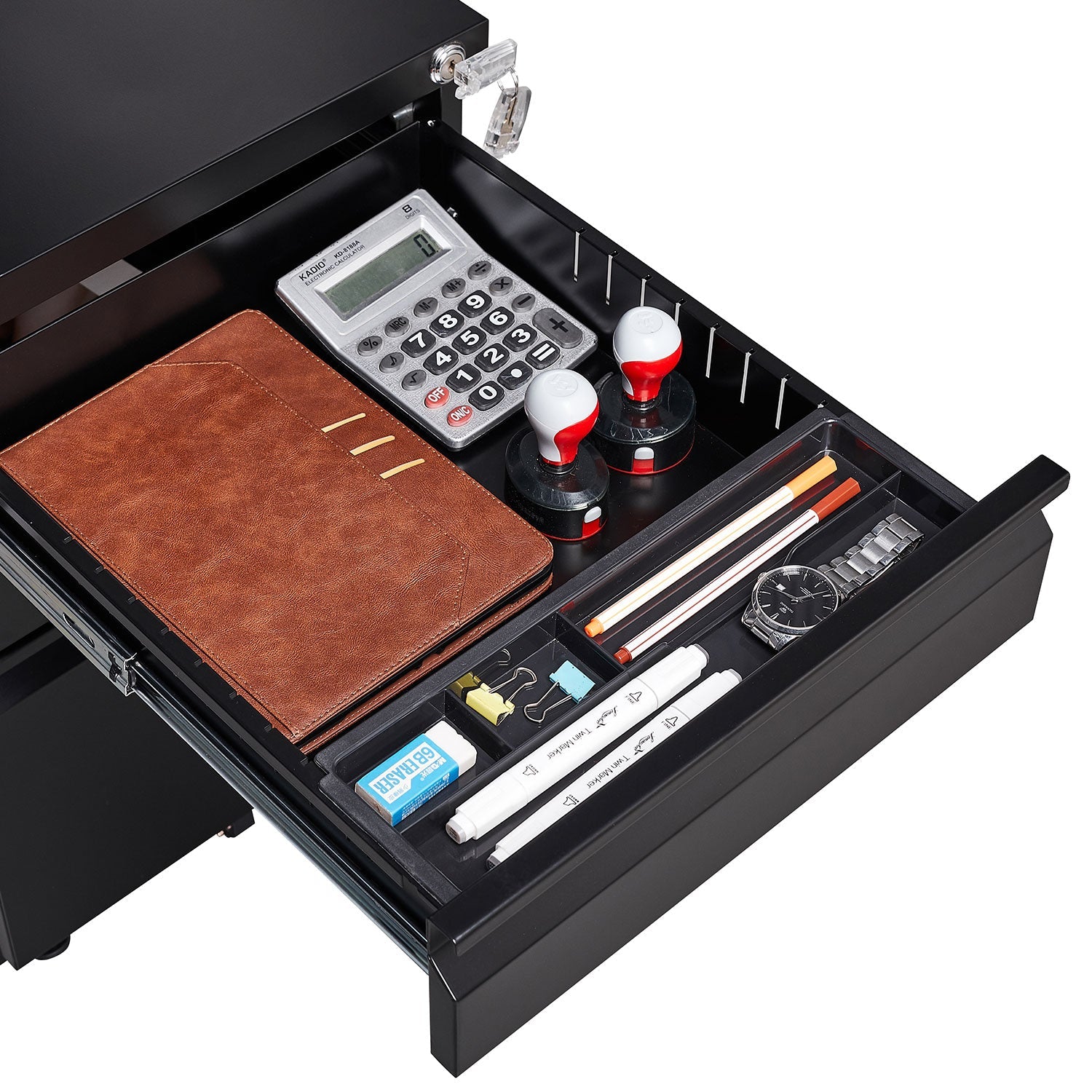 Locked three drawer storage mobile metal filing cabinet with pre installed wheels under the desk filing cabinet - Korvel