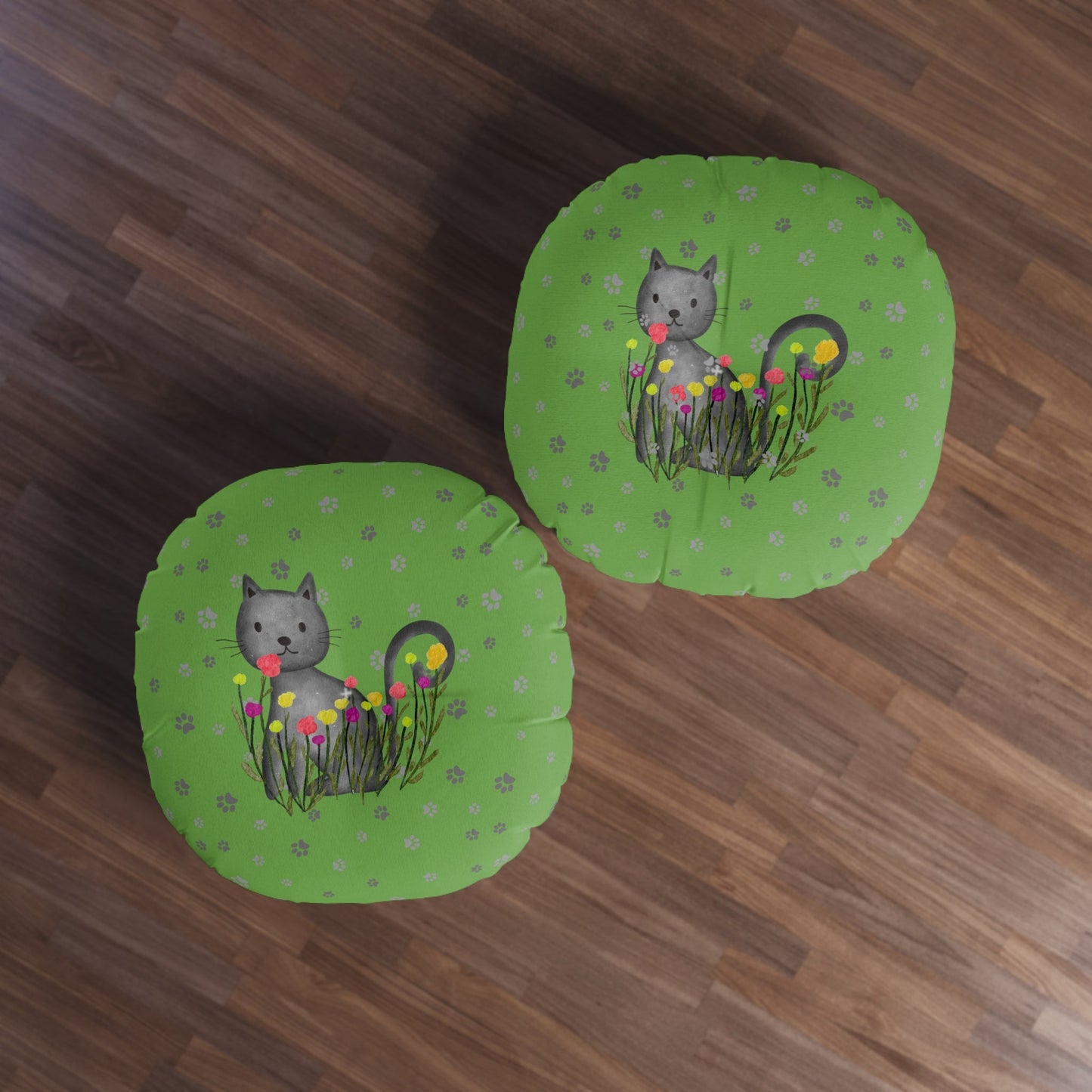 Curious Garden Cat Round Floor Pillow – Green Paw Print Accent Cushion