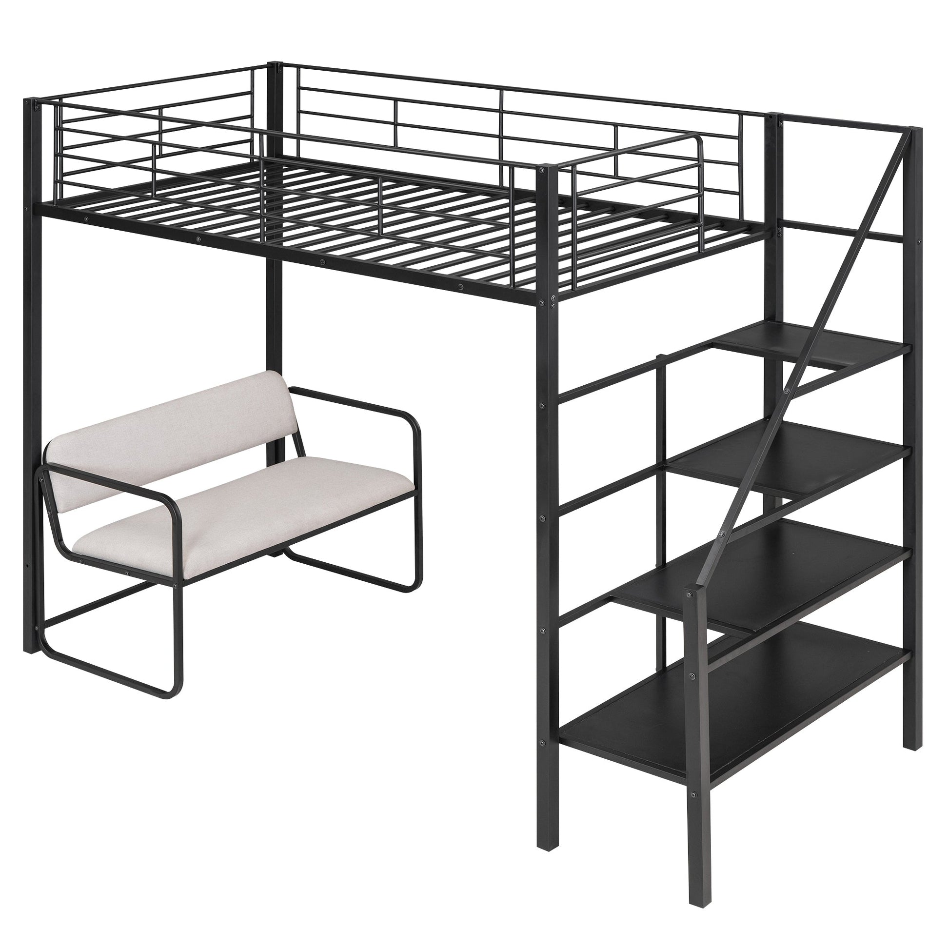 Twin Size Metal Loft Bed with Bench and Storage Staircase  Black - Korvel