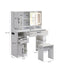 Vanity table with large sliding lighted mirror dressing table with 2 drawers storage shelves and upholstered stool white color - Korvel