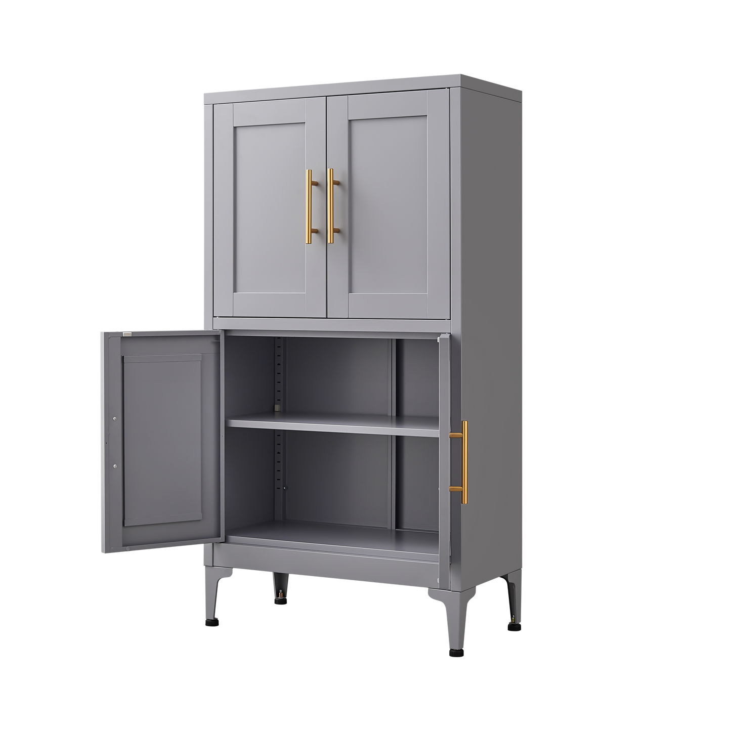 Grey metal kitchen storage cabinet, kitchen pantry storage cabinet with door and shelf, adjustable leveling feet - Korvel