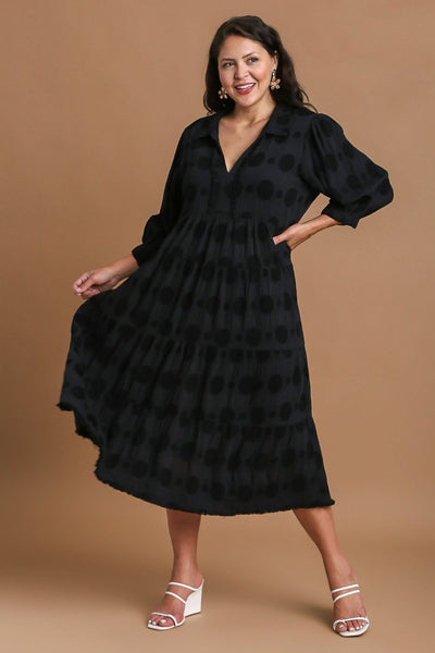 Elegant Plus Size Black Midi Dress with Dotted Texture for Women - Korvel