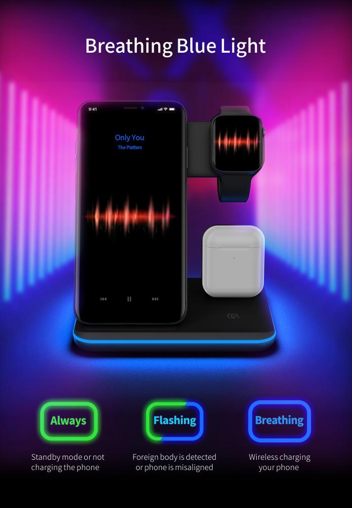Support de charge sans fil 3-en-1 pour mobile, montre et écouteurs
