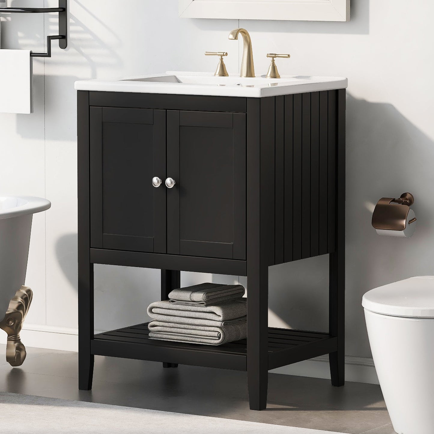 Meuble de salle de bain moderne noir de 24" avec évier en céramique élégant