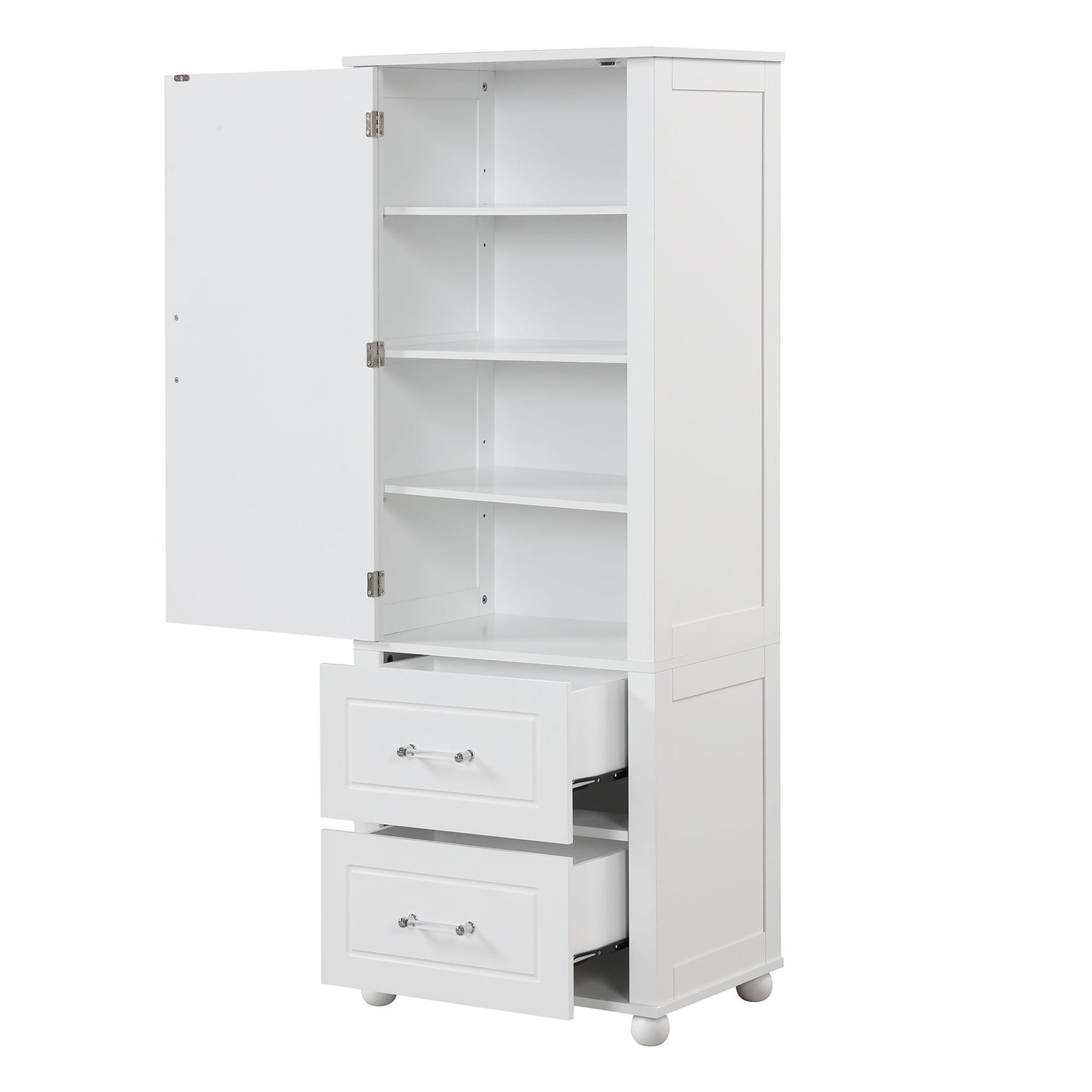 Tall bathroom storage cabinet with two drawers and adjustable shelves for independent storage - Korvel