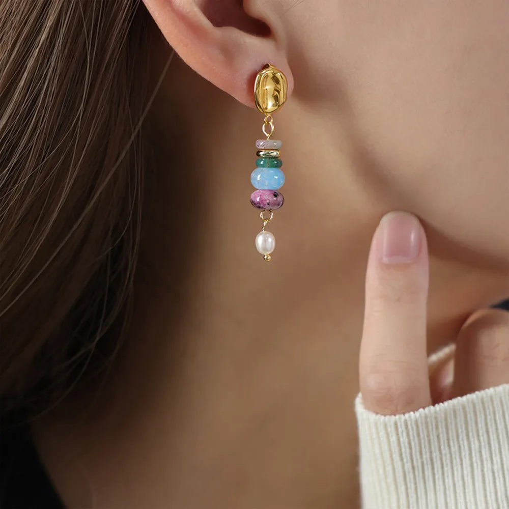 Natural Stone Freshwater Pearl Dangle Earrings - Korvel