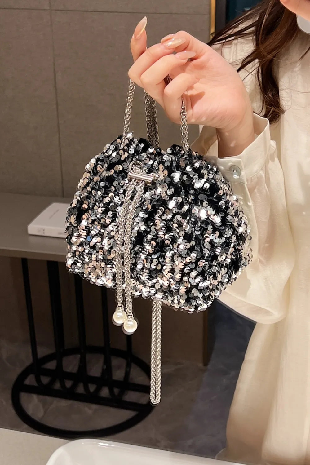 Sequin Chain Drawstring Bucket Bag - Korvel