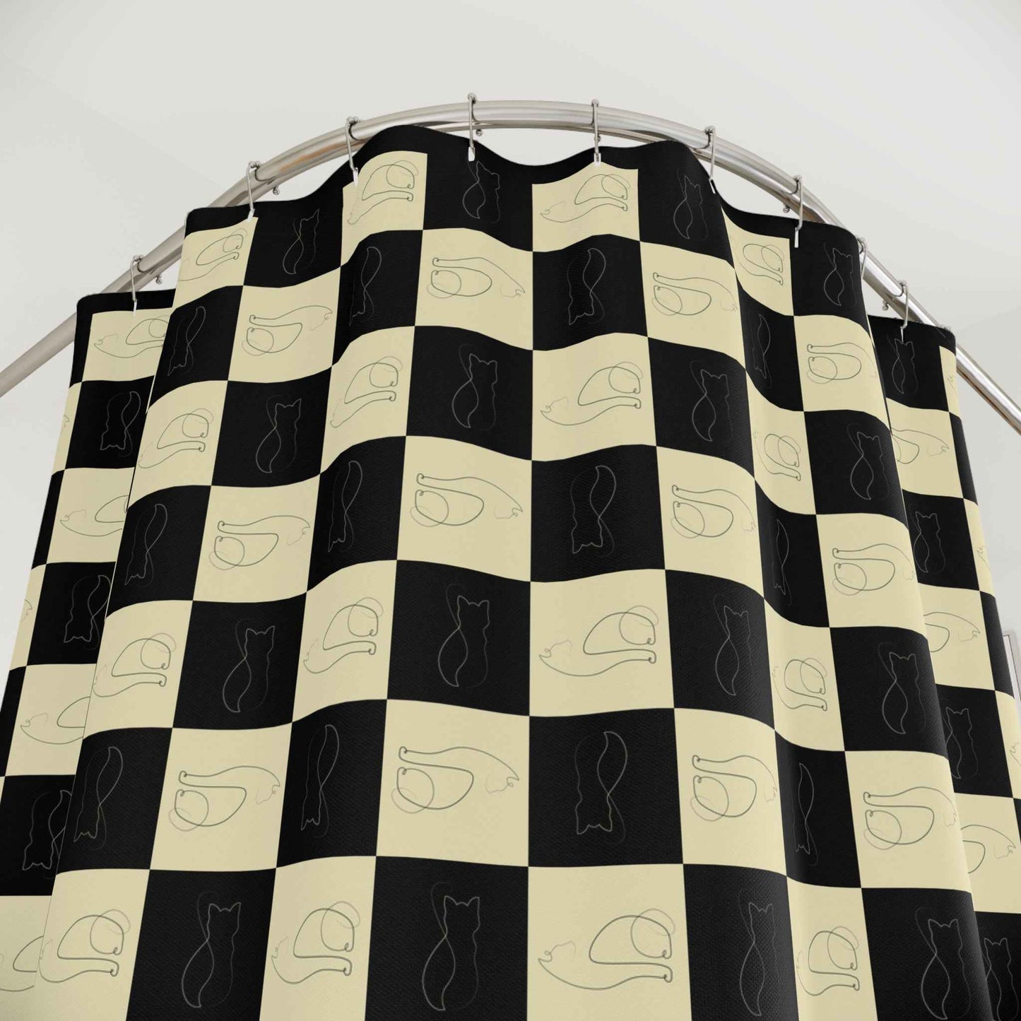 Checked Feline Shower Curtain - Elegant Gold & Black Design