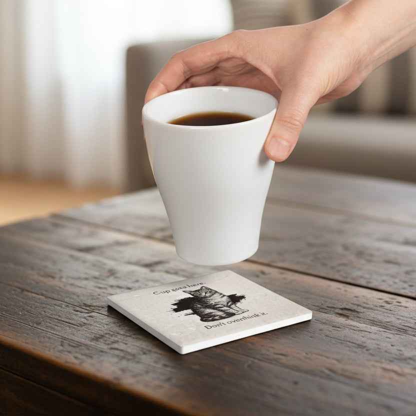 Cup Goes Here Cat Coaster - Clear Instructions for Beverage Placement