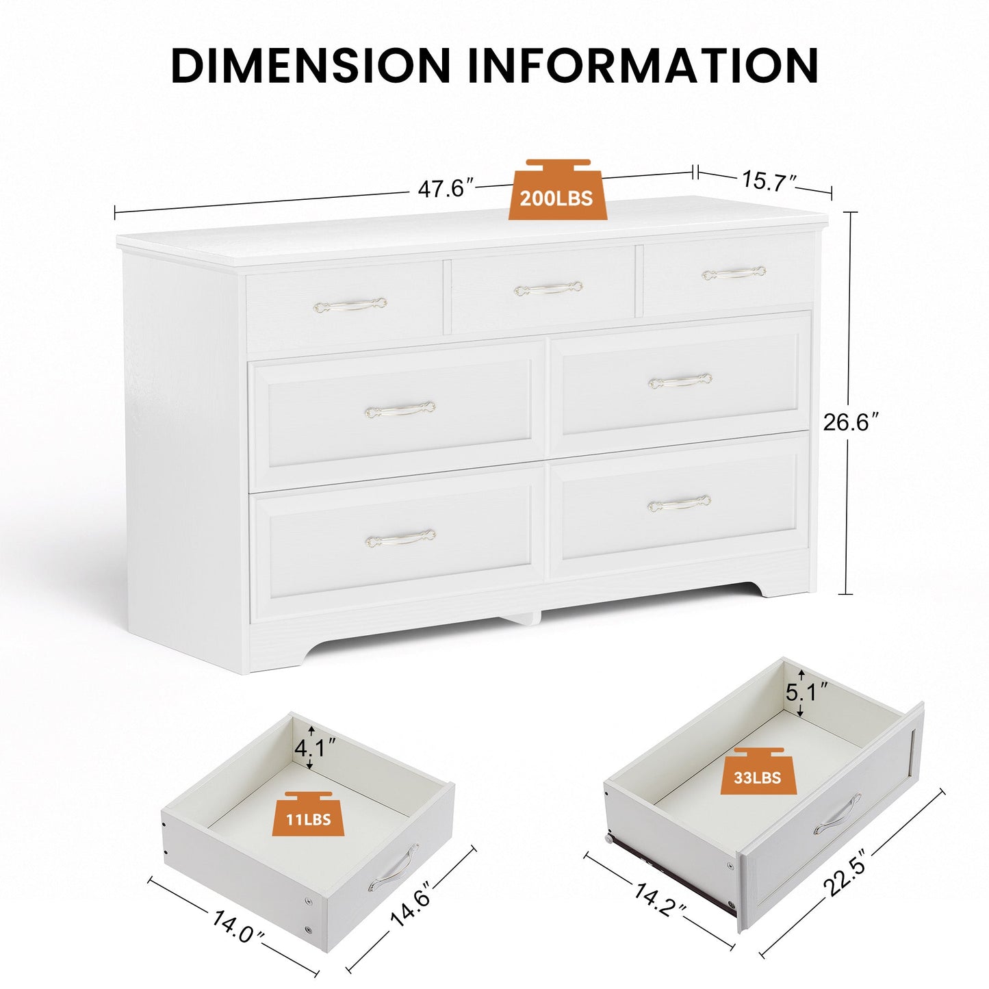 Modern 3 Drawer Bedroom Chest of Drawers with 7 Drawers Dresser Clothes Organizer -Metal Pulls White, 47.6″L x 15.7″W x 26.6″H - Korvel