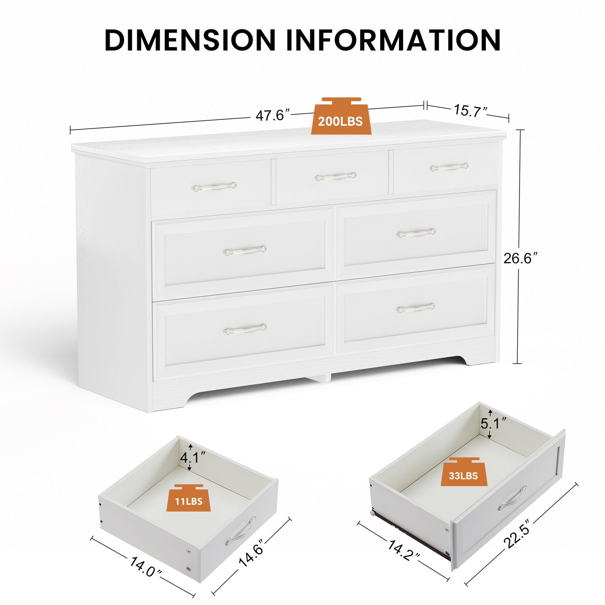 Modern 3 Drawer Bedroom Chest of Drawers with 7 Drawers Dresser Clothes Organizer -Metal Pulls White, 47.6″L x 15.7″W x 26.6″H - Korvel