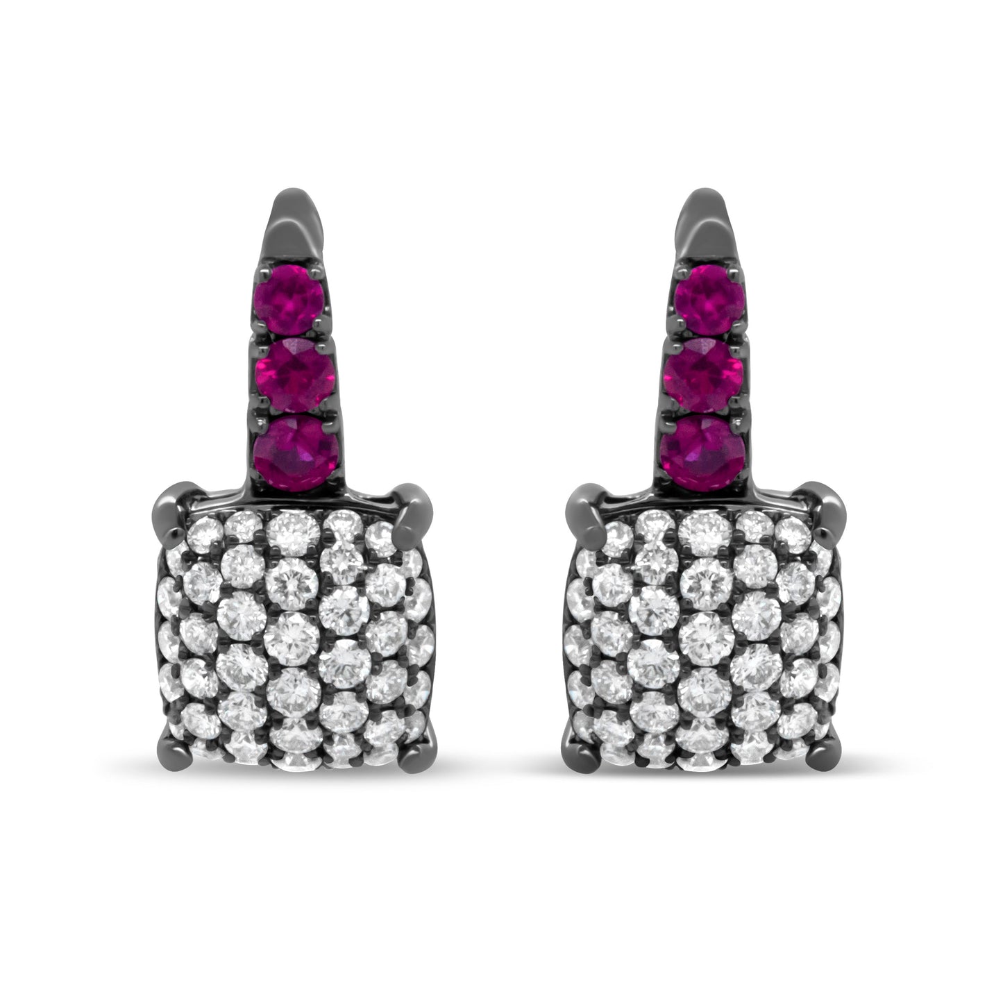 Elegant Black Rhodium Plated 18K White Gold Diamond & Ruby Drop Earrings