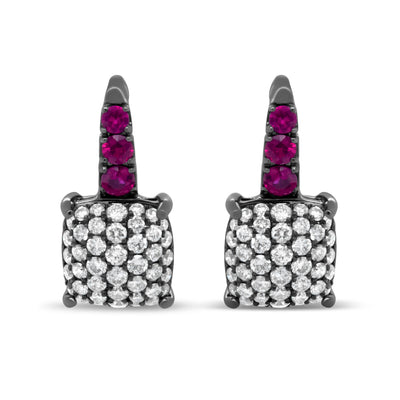 Pendientes Colgantes de Diamante y Rubí en Oro Blanco de 18K con Baño de Rodio Negro