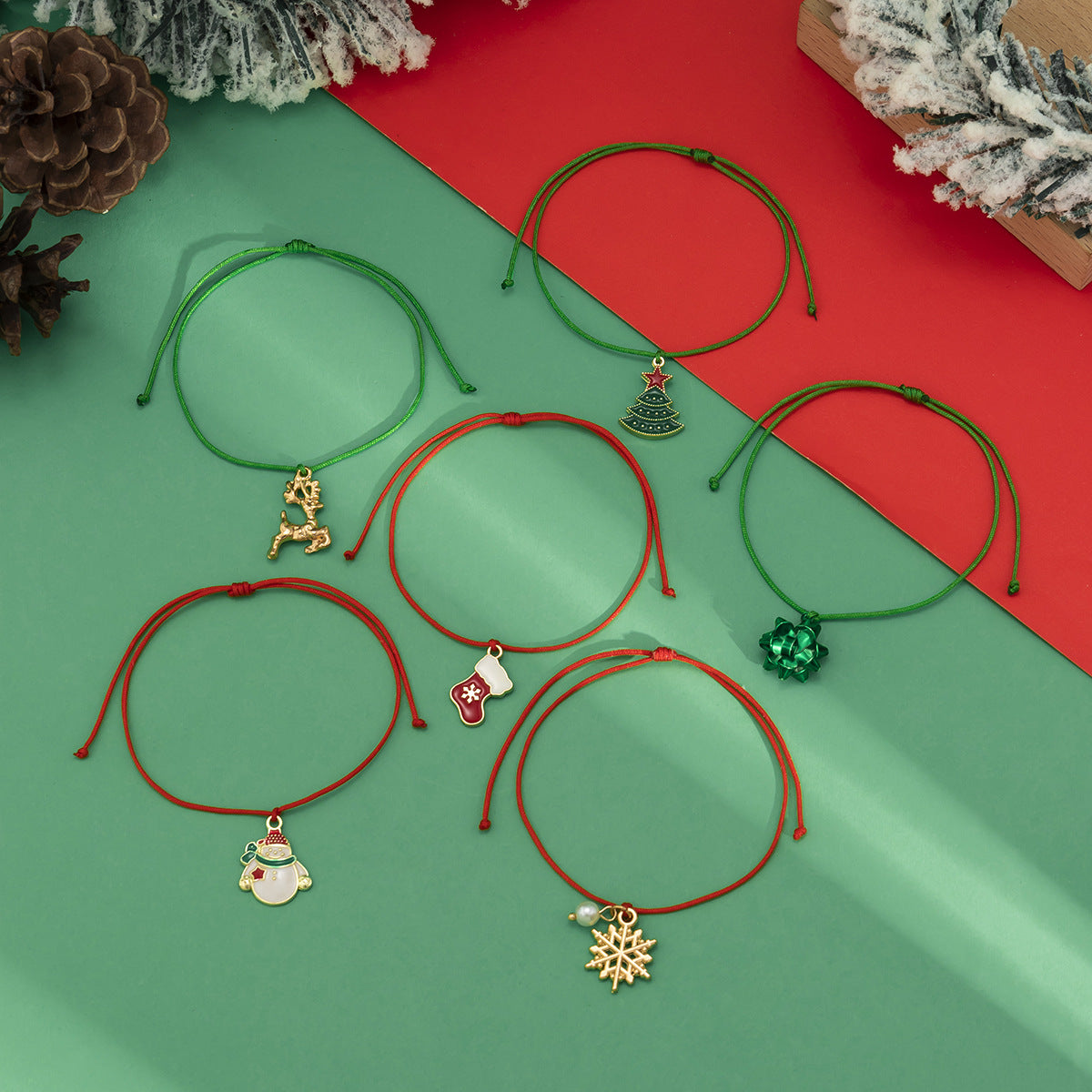 Christmas Element Elk Snow Bracelet Set Creative Snowman Adjustable Wax Thread Handmade - Korvel