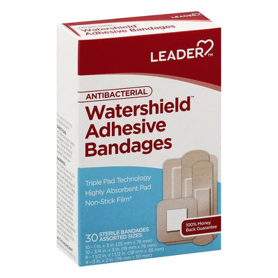 Leader™ Bandages adhésifs antibactériens Watershield – Tailles assorties (30 unités)