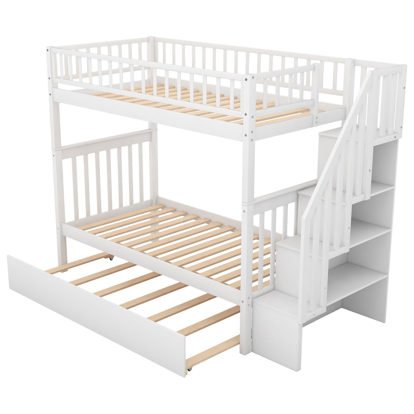 Twin over Twin Bunk Bed with Trundle and Storage  White - Korvel