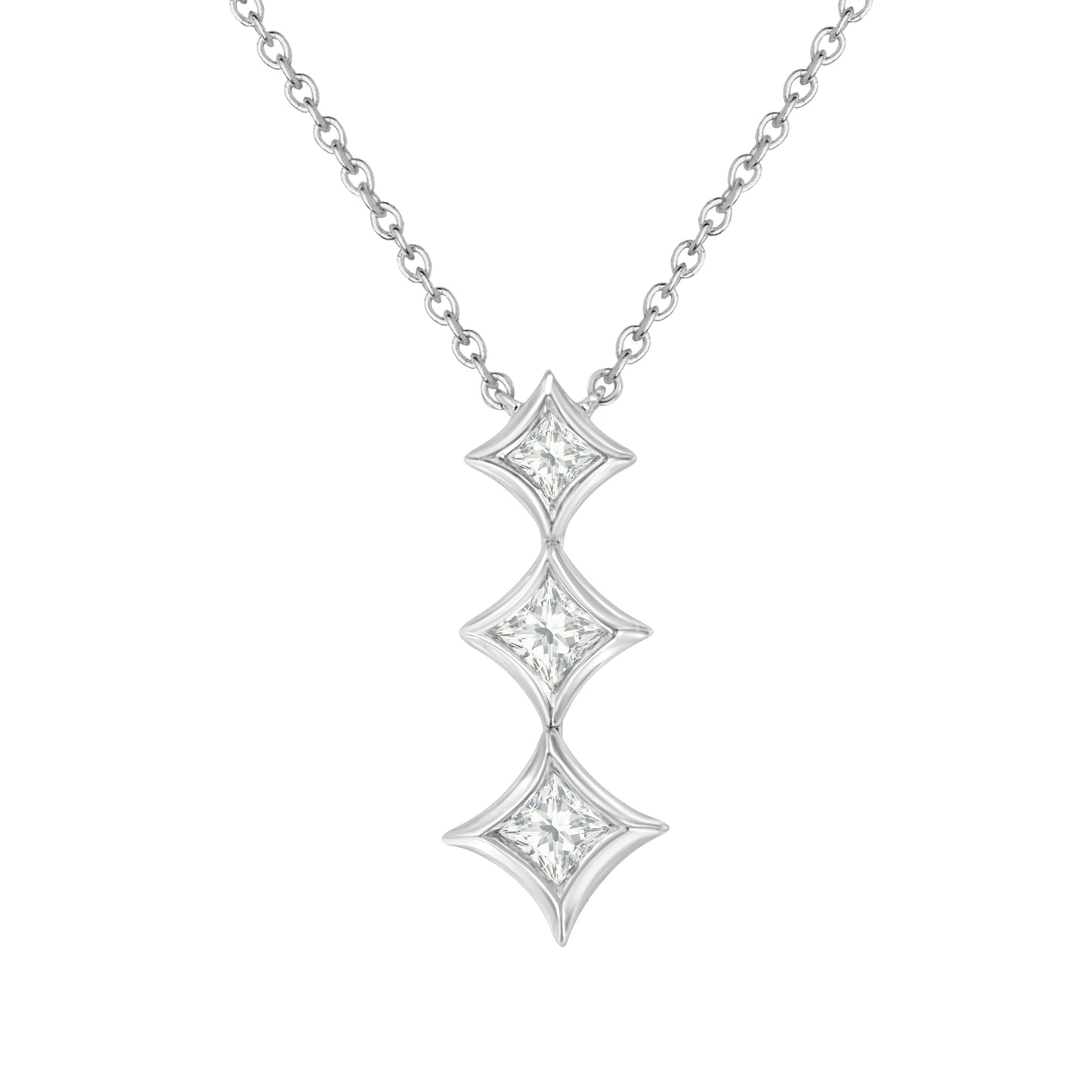 Collar de Pendiente de Tres Piedras con Diamantes de Corte Princesa en Oro Blanco de 10K