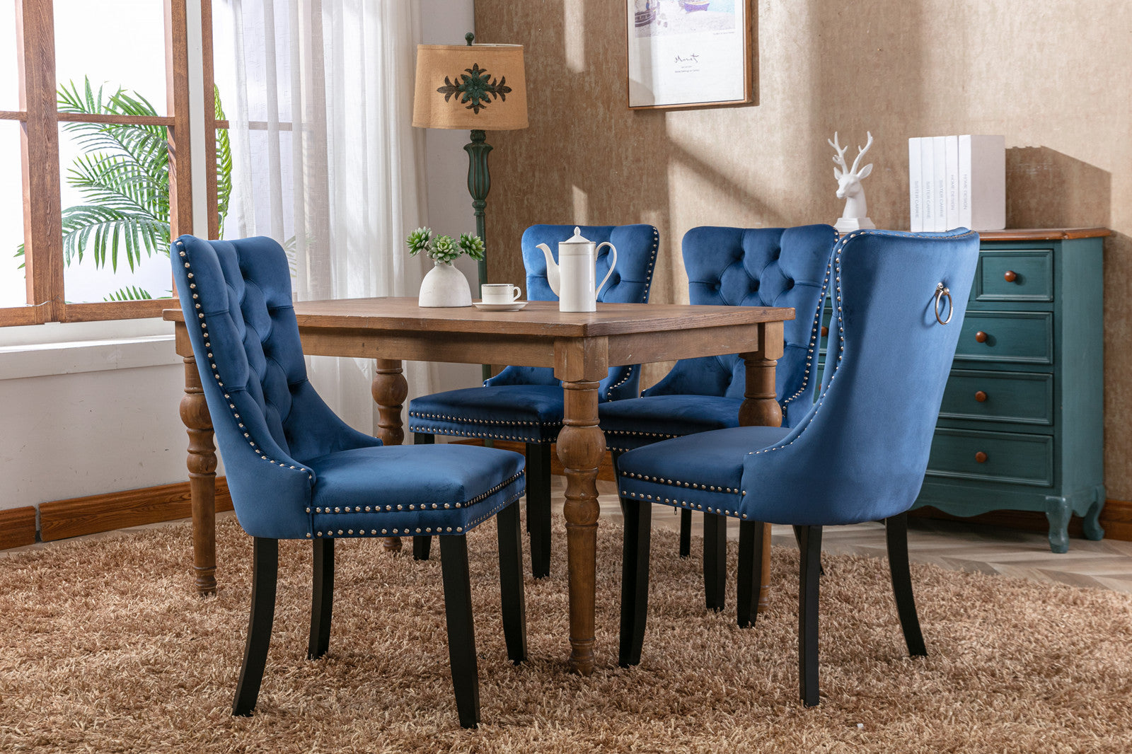 High-end Tufted Solid Wood Contemporary Velvet Upholstered Dining Chair with Wood Legs Nailhead Trim 2-Pcs Set Blue - Korvel