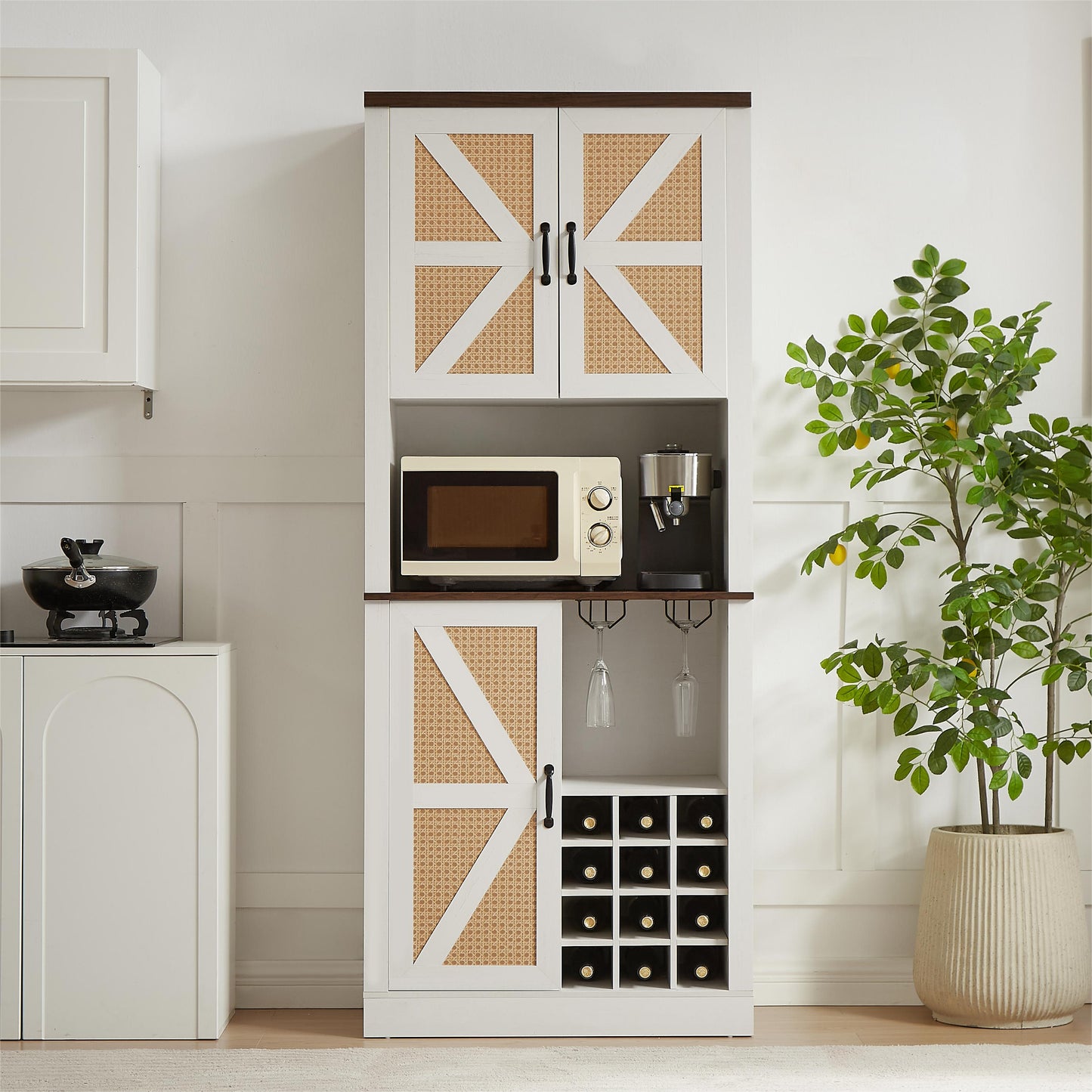 76 Inch Tall Farmhouse Kitchen Faux Rattan Wine Cabinet, Kitchen Bar Cabinet with Square Compartments and Shelves - Korvel