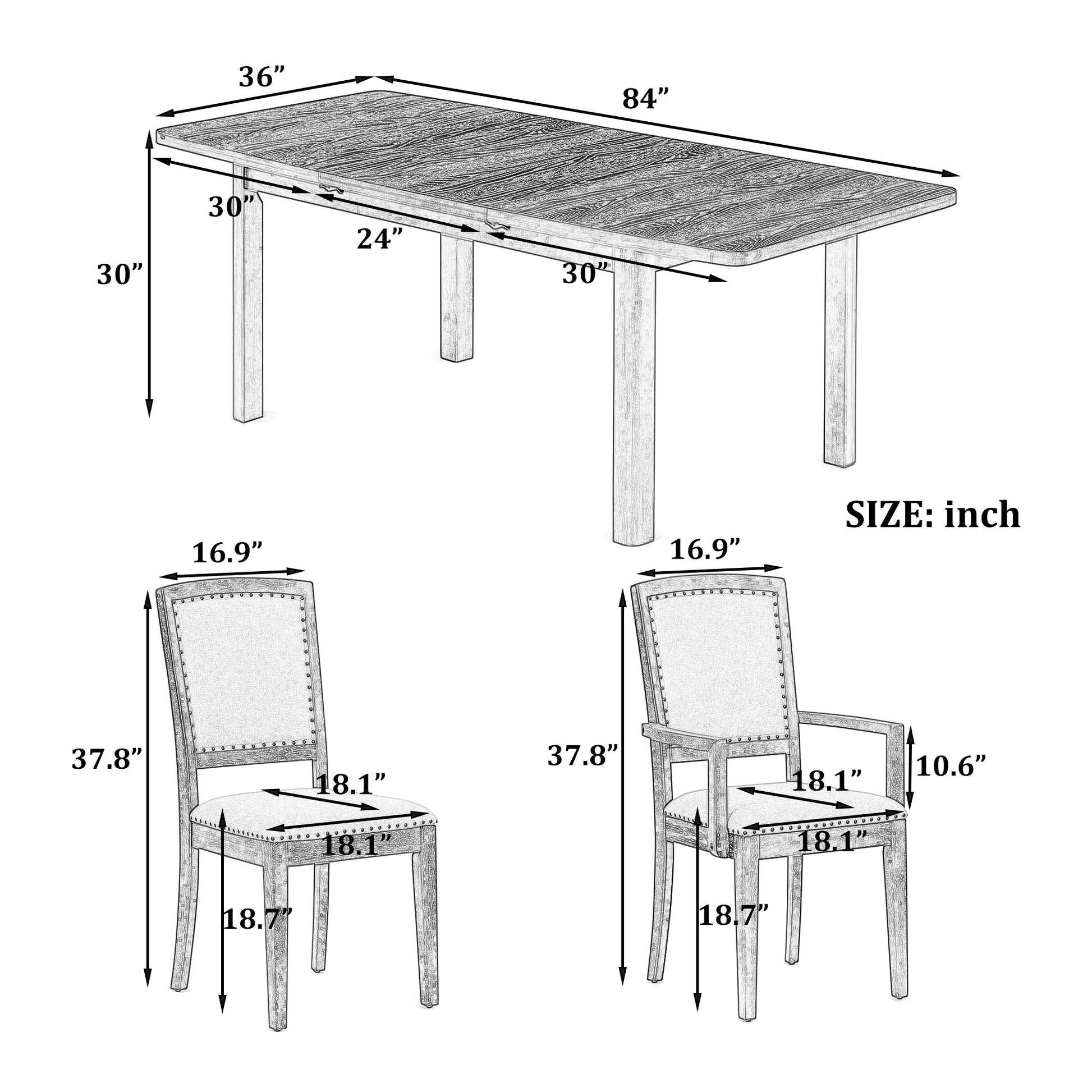 TOPMAX expandable 84 inch dining table set with 24 inch detachable leaves, 6 armless chairs and 2 armchairs  9 pieces natural - Korvel